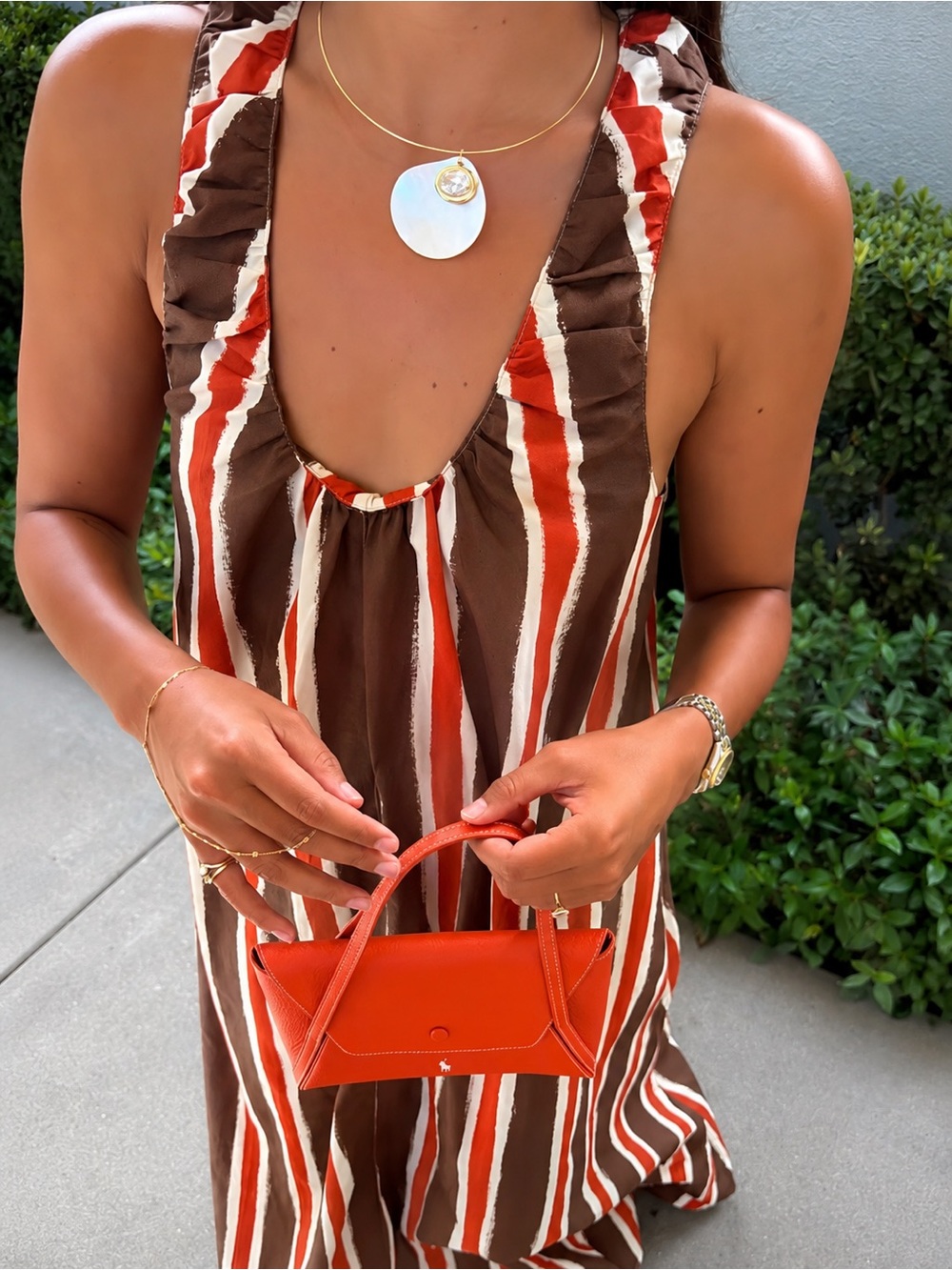 Topshop cotton poplin brown, white and orange vertical striped maxi dress